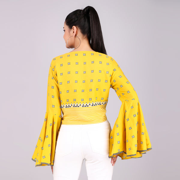 W Yellow Embroidered Bell-Sleeve Top