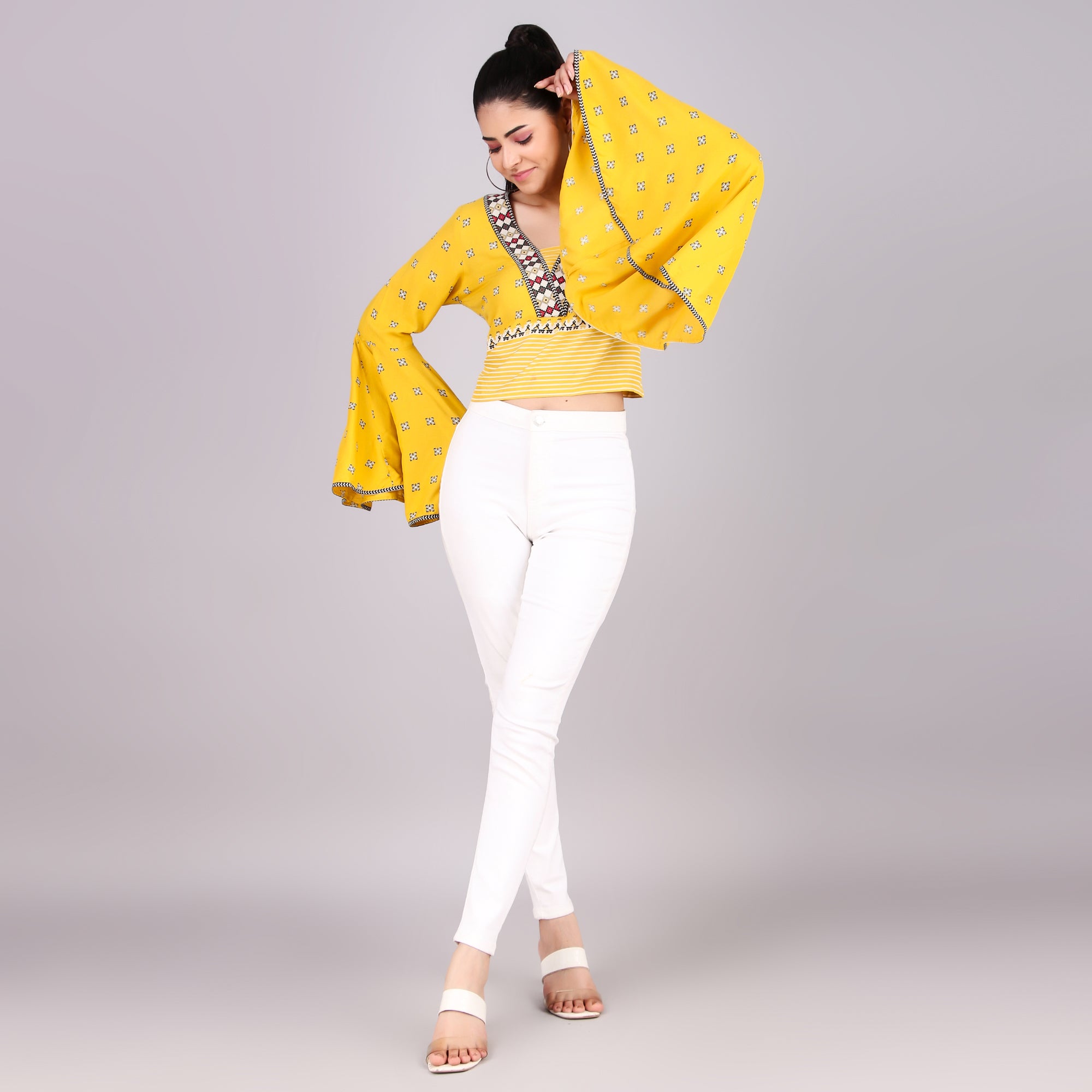 W Yellow Embroidered Bell-Sleeve Top
