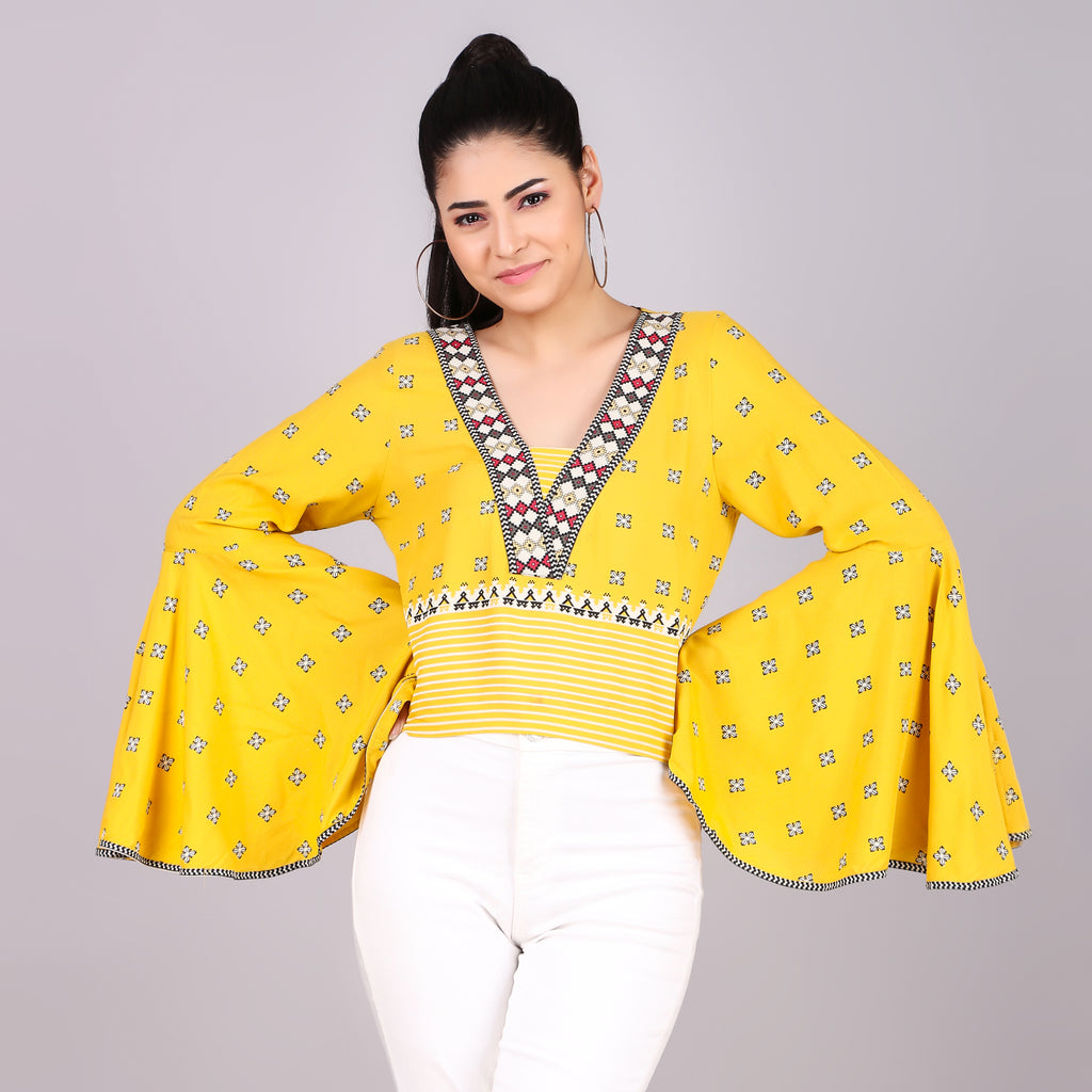W Yellow Embroidered Bell-Sleeve Top