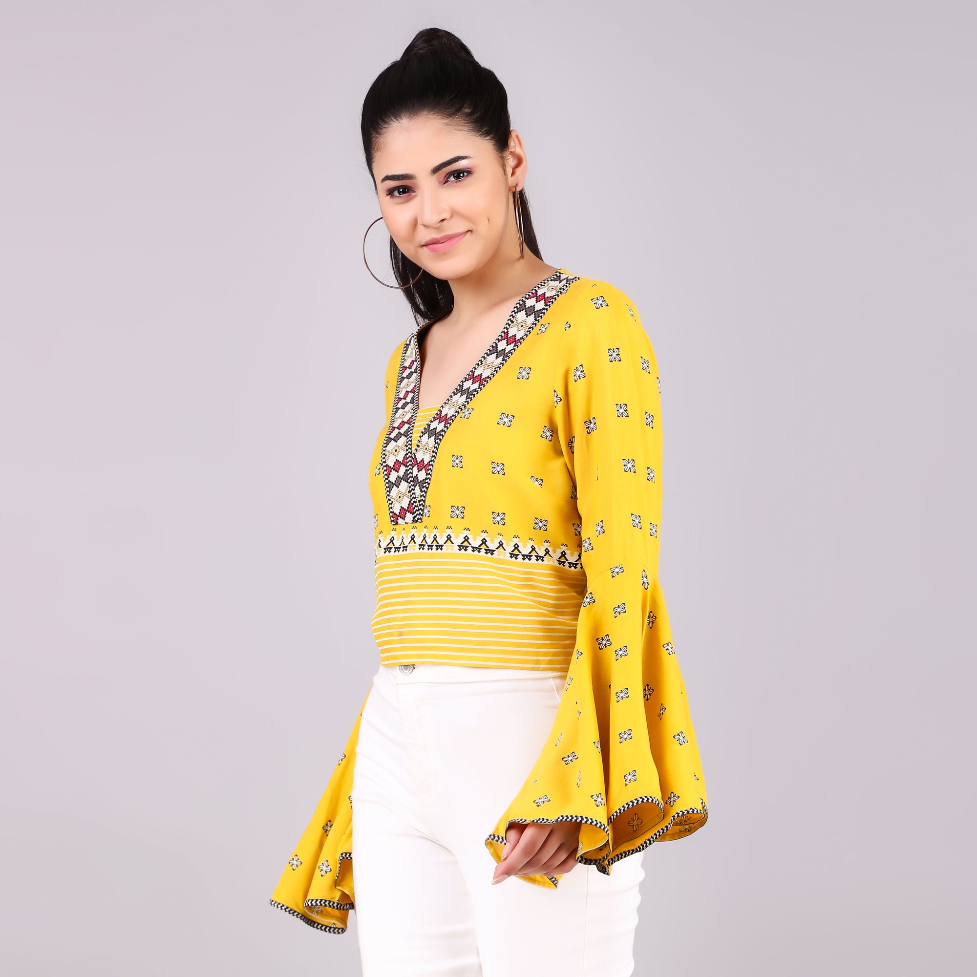 W Yellow Embroidered Bell-Sleeve Top