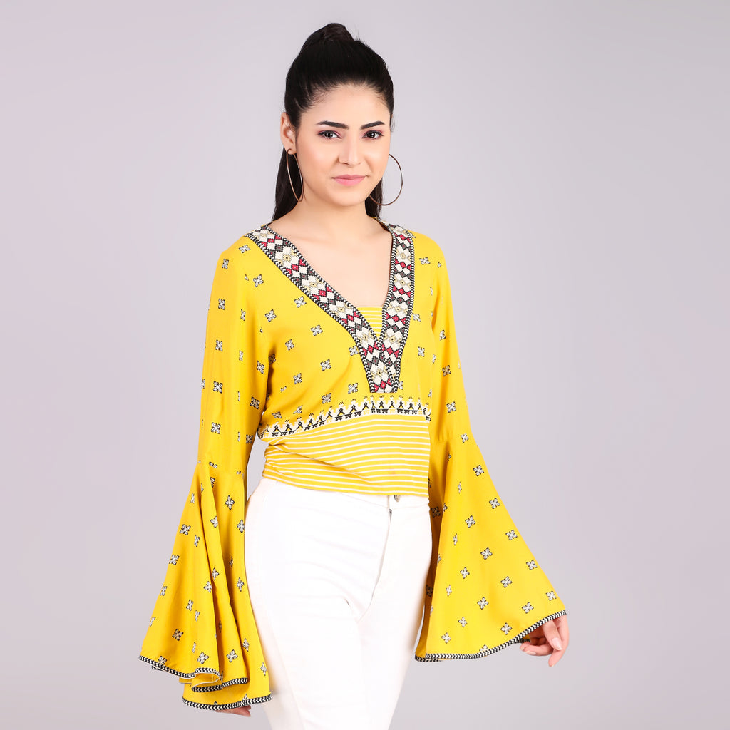 W Yellow Embroidered Bell-Sleeve Top