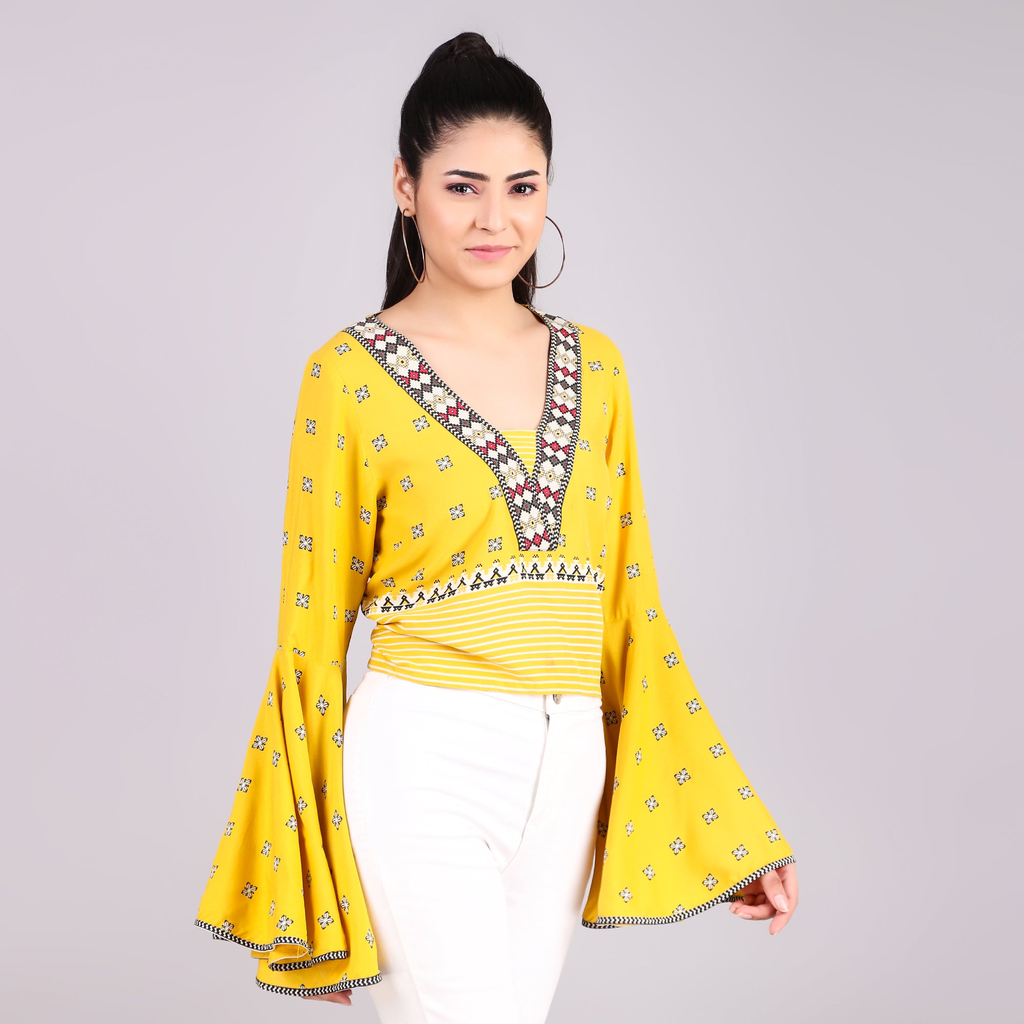 W Yellow Embroidered Bell-Sleeve Top