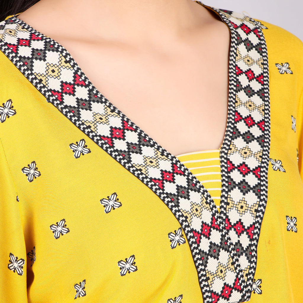 W Yellow Embroidered Bell-Sleeve Top