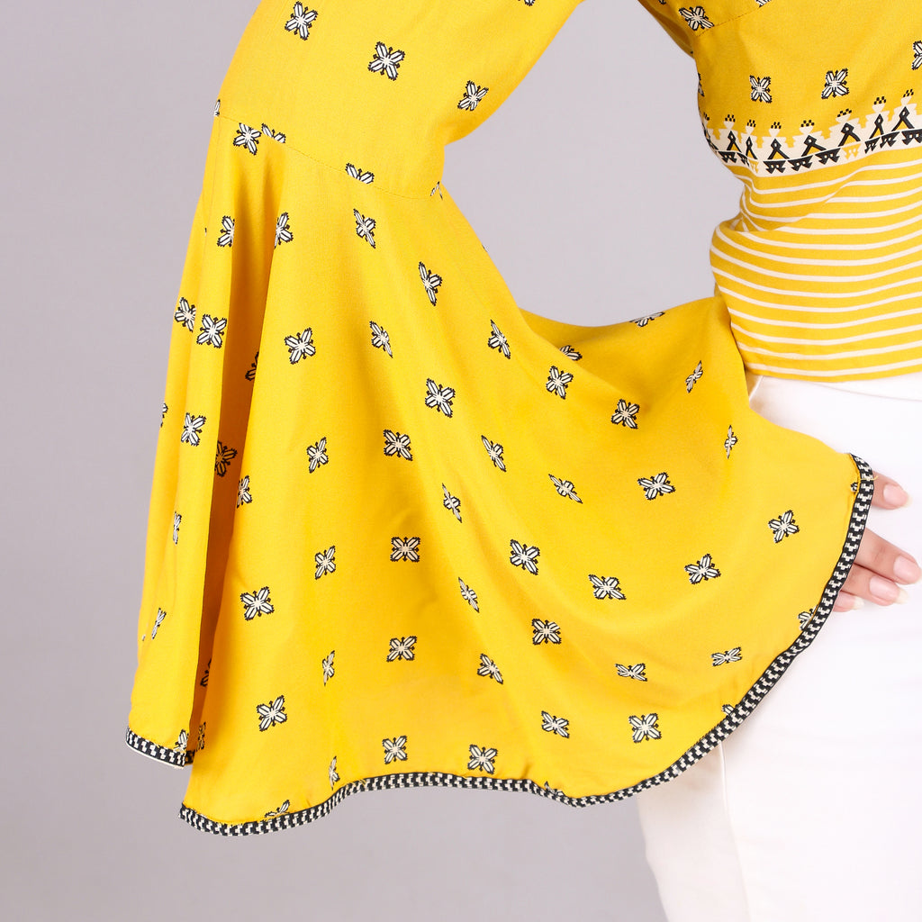 W Yellow Embroidered Bell-Sleeve Top